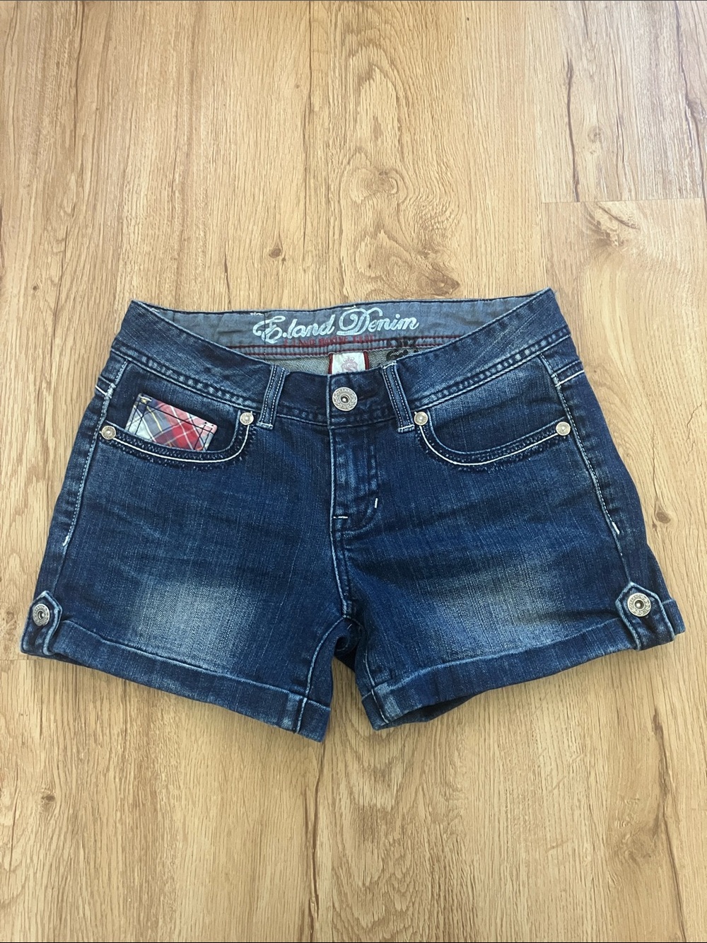 Dark Blue Denim Shorts with Plaid Pocket Accent